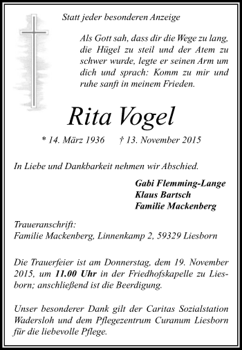 Traueranzeige von Rita Vogel von Die Glocke