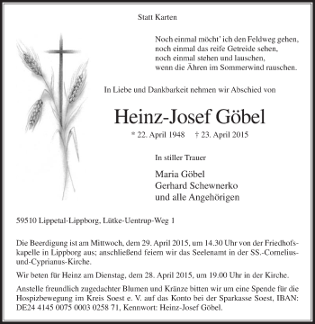 Traueranzeige von Heinz-Josef Göbel von Die Glocke
