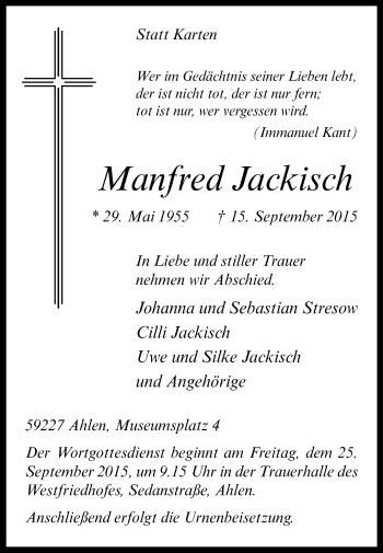 Traueranzeige von Manfred Jackisch von Die Glocke