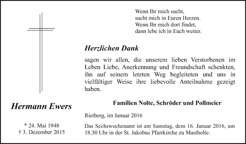  Traueranzeige für Hermann Ewers vom 13.01.2016 aus Die Glocke