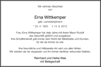Traueranzeige von Erna Wittkemper von Die Glocke