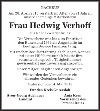 Traueranzeige von Hedwig Verhoff von Die Glocke