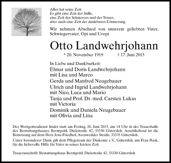 Traueranzeige von Otto Landwehrjohann von Die Glocke