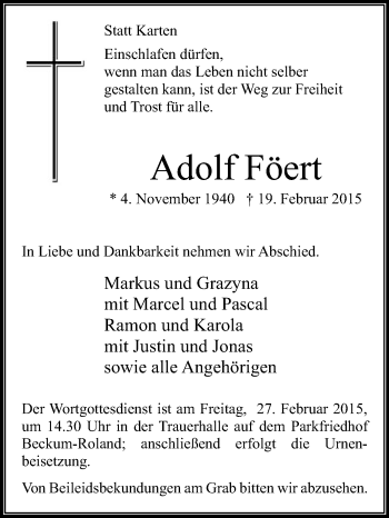Traueranzeige von Adolf Föert von Die Glocke