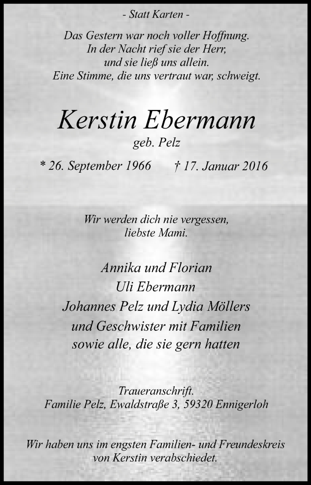  Traueranzeige für Kerstin Ebermann vom 27.01.2016 aus Die Glocke