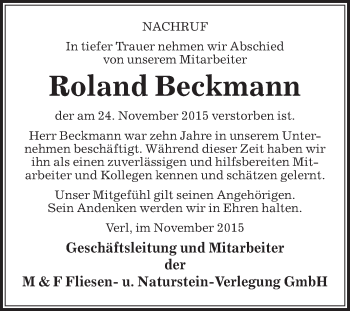 Traueranzeige von Roland Beckmann von Die Glocke