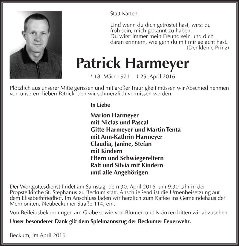  Traueranzeige für Patrick Harmeyer vom 28.04.2016 aus Die Glocke