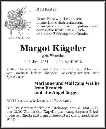 Traueranzeige von Margot Kügeler von Die Glocke