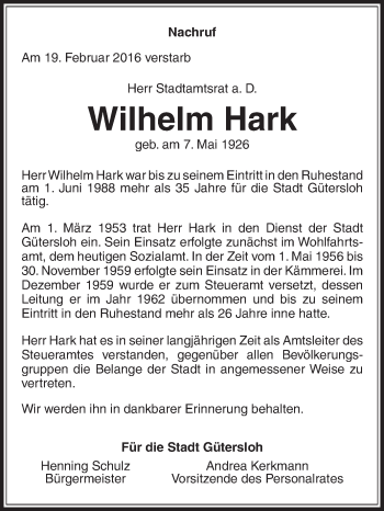 Traueranzeige von Wilhelm Hark von Die Glocke