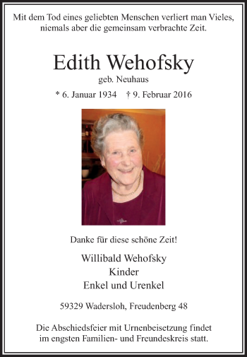 Traueranzeige von Edith Wehofsky von Die Glocke