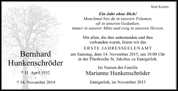 Traueranzeige von Bernhard Hunkenschröder von Die Glocke