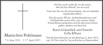 Traueranzeige von Mariechen Pohlmann von Die Glocke