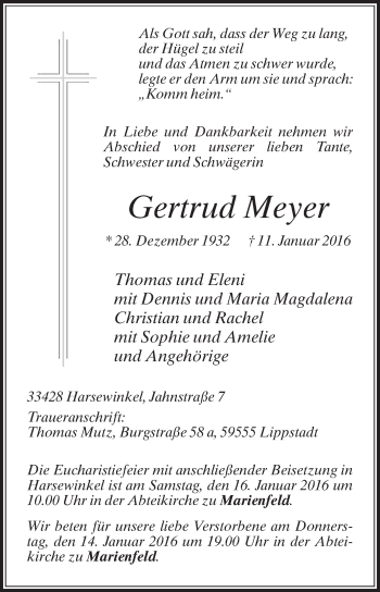 Traueranzeige von Gertrud Meyer von Die Glocke