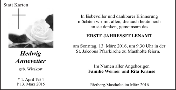 Traueranzeige von Hedwig Annevetter von Die Glocke