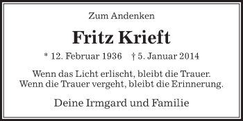 Traueranzeige von Fritz Krieft von Die Glocke