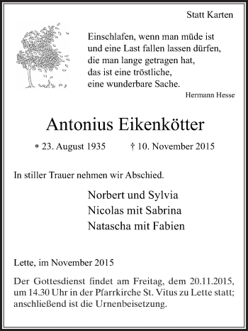 Traueranzeige von Antonius Eikenkötter von Die Glocke