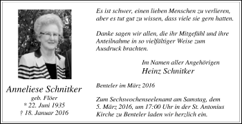 Traueranzeige von Anneliese Schnitker von Die Glocke