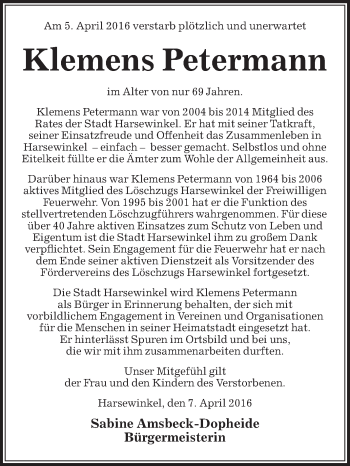 Traueranzeige von Klemens Petermann von Die Glocke