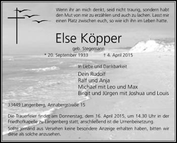 Traueranzeige von Else Köpper von Die Glocke