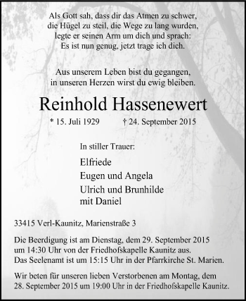 Traueranzeige von Reinhold Hassenewert von Die Glocke