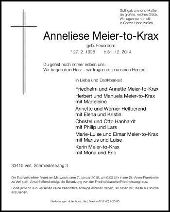 Traueranzeige von Anneliese Meier-to-Krax von Die Glocke