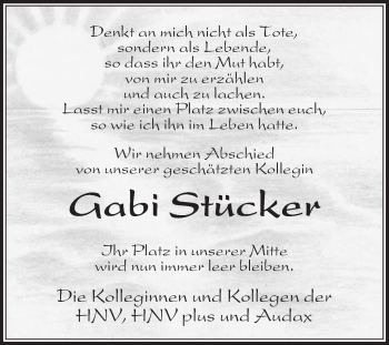 Traueranzeige von Gabi Stücker von Die Glocke