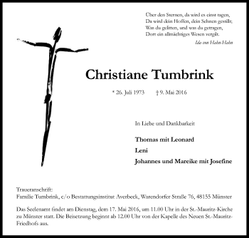 Traueranzeige von Christiane Tumbrink von Die Glocke