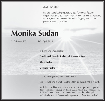 Traueranzeige von Monika Sudan von Die Glocke