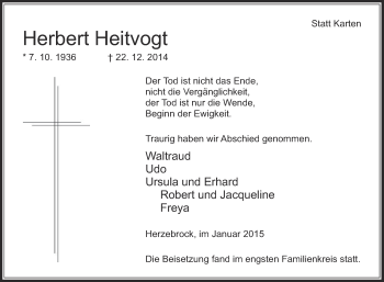 Traueranzeige von Herbert Heitvogt von Die Glocke