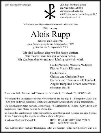 Traueranzeige von Alois Rupp von Die Glocke