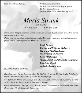 Traueranzeige von Maria Strunk von Die Glocke