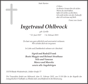Traueranzeige von Ingetraud Ohlbrock von Die Glocke