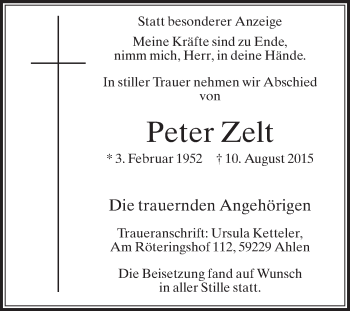Traueranzeige von Peter Zelt von Die Glocke
