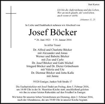 Traueranzeige von Josef Böcker von Die Glocke