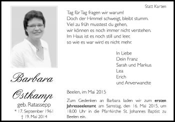 Traueranzeige von Barbara Ostkamp von Die Glocke