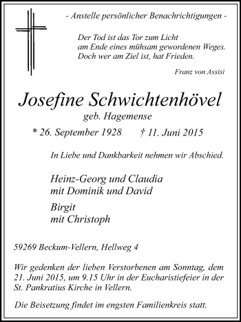 Traueranzeige von Josefine Schwichtenhövel von Die Glocke