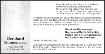 Traueranzeige von Bernhard Künnemeyer von Die Glocke