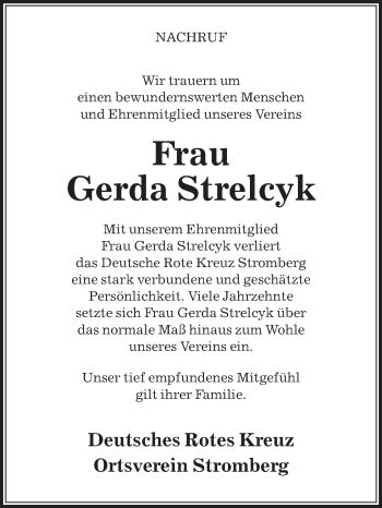 Traueranzeige von Gerda Strelcyk von Die Glocke