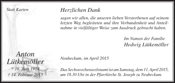 Traueranzeige von Anton Lütkemöller von Die Glocke