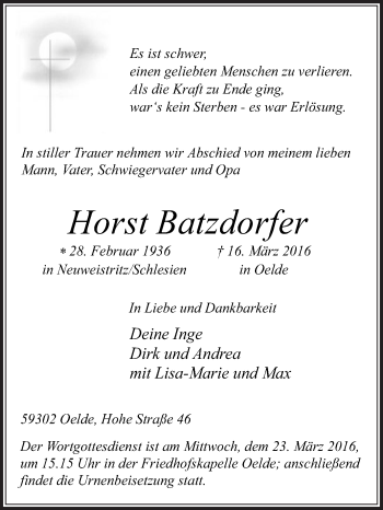 Traueranzeige von Horst Batzdorfer von Die Glocke
