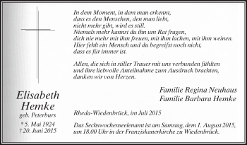 Traueranzeige von Elisabeth Hemke von Die Glocke