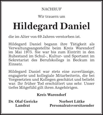 Traueranzeige von Hildegard Daniel von Die Glocke