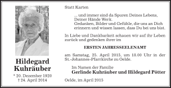 Traueranzeige von Hildegard Kuhräuber von Die Glocke