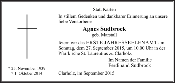 Traueranzeige von Agnes Sudbrock von Die Glocke
