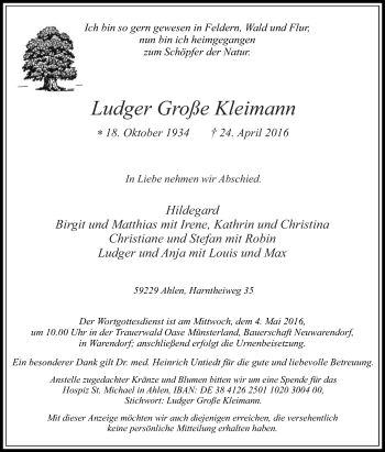 Traueranzeige von Ludger Große Kleimann von Die Glocke
