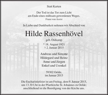 Traueranzeige von Hilde Rassenhövel von Die Glocke