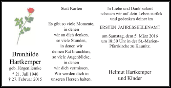 Traueranzeige von Brunhilde Hartkemper von Die Glocke