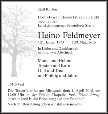 Traueranzeige von Heino Feldmeyer von Die Glocke