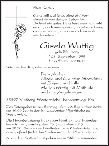 Traueranzeige von Gisela Wuttig von Die Glocke