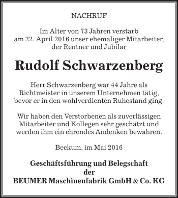 Traueranzeige von Rudpolf Schwarzenberg von Die Glocke